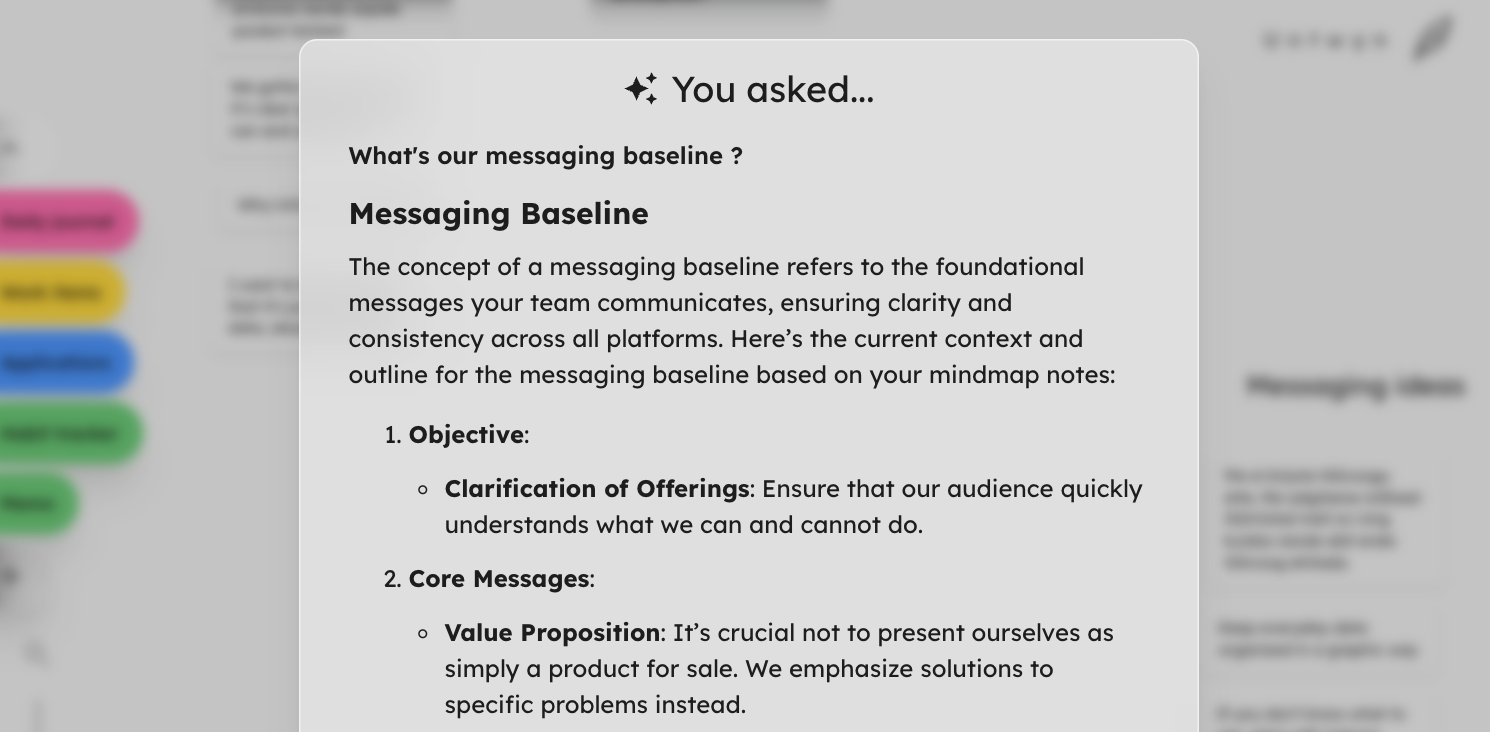 Ask AI response summarizing messaging baseline objectives and core messages from planning canvas notes