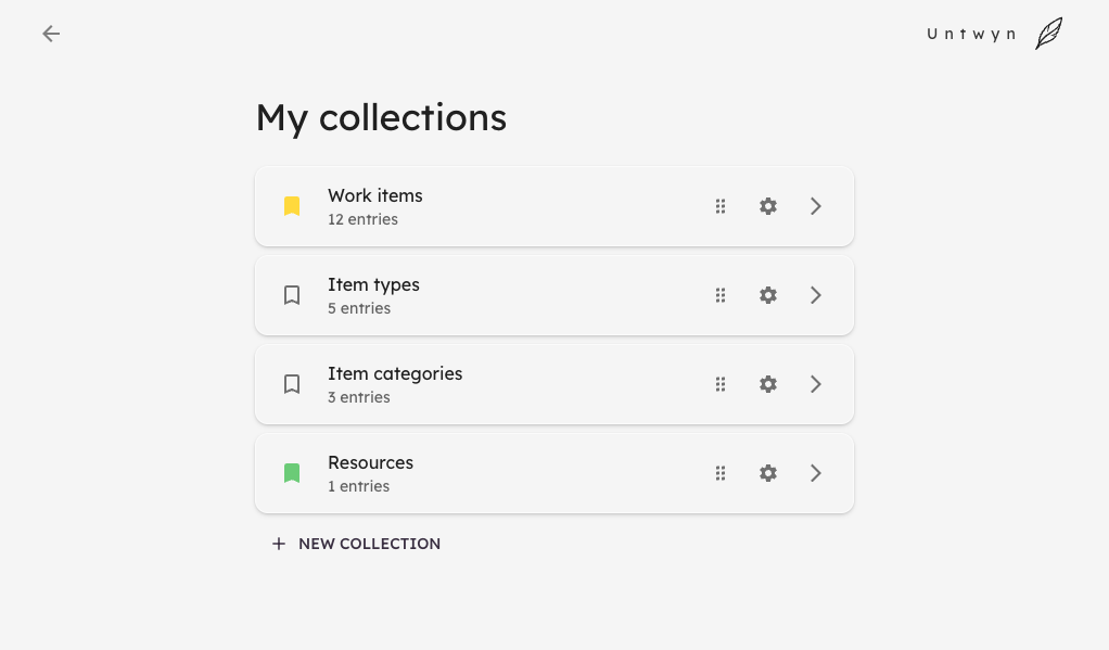 Work items collection list showing entries with types, dates, and reference fields